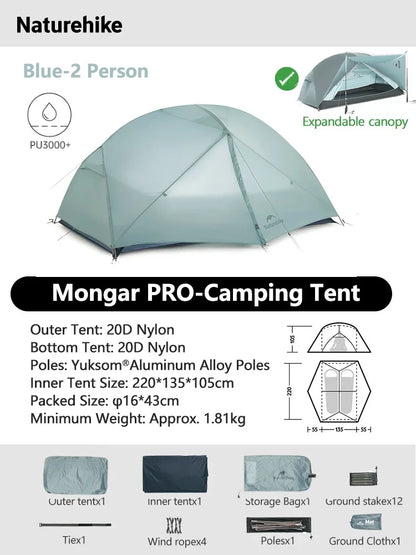 Naturehike Mongar 2 UL/PRO/Base Tent – Ultralight 2 Person Backpacking Tent - Bearkit
