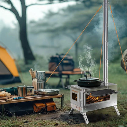 Portable Hot Tent Wood Burning Stove – Stainless Steel Camping Stove with Chimney Pipes