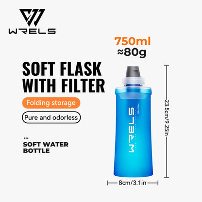 WRELS Soft Water Bottle with Filter Ultralight Collapsible Water Filter Bottle Hydrapak Soft Flask for Hiking Camping Backpack