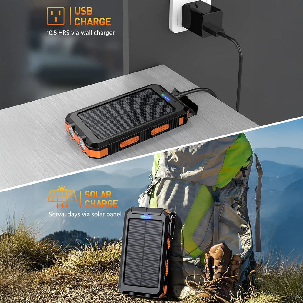20000mAh Solar Power Bank Portable Solar Charger with Dual LED Flashlight & Compass Waterproof External Battery Pack for Mobile Phone Camping Hiking