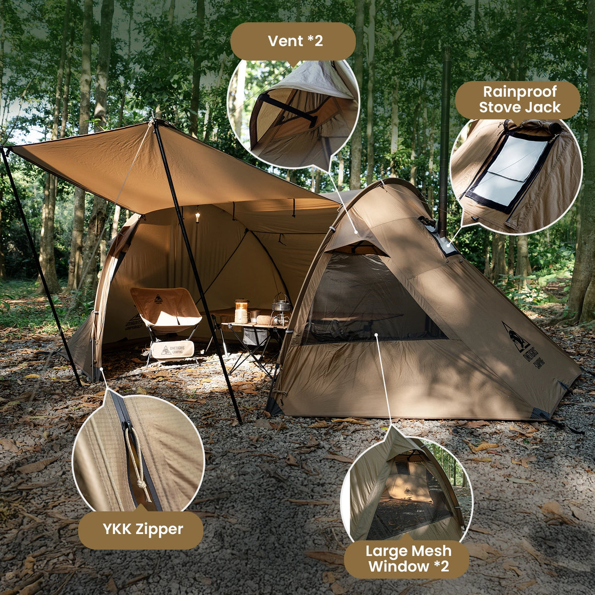 OneTigris Raven Nest Tunnel Hot Tent 2 Person 4-Season Backpacking Tent with Stove Jack