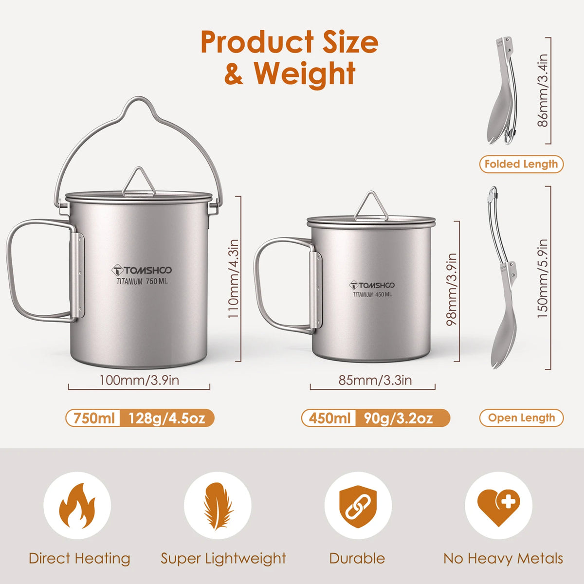 Tomshoo 3 PCS Titanium Cookware Set Ultralight 750ml Pot 450ml Water Cup Mug w Lid Folding Spork for Outdoor Camping Backpacking