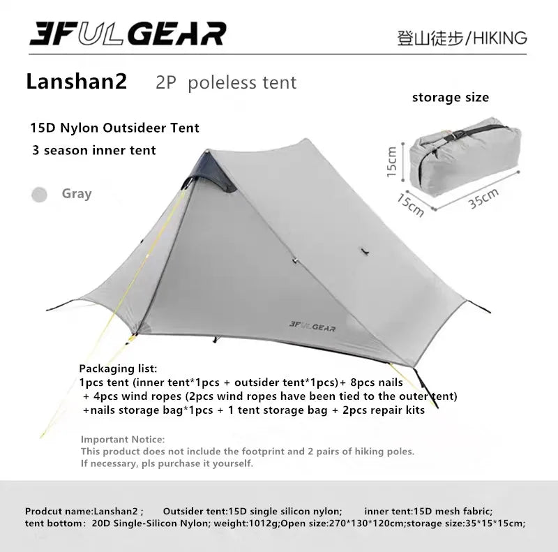 Lanshan 2 Person Tent Hiking Ultralight Camping Tent Professional 15D Silnylon Rodless Trekking Pole Tent Waterproof Backpacking