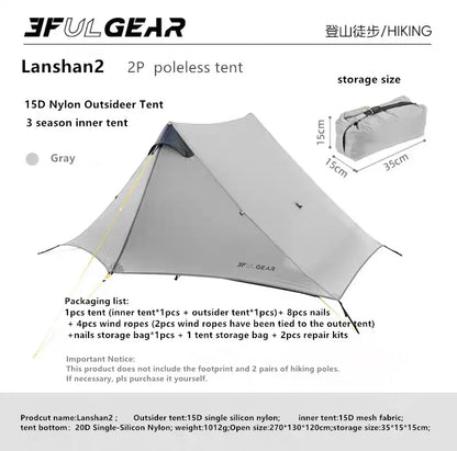 Lanshan 2 Person Tent Hiking Ultralight Camping Tent Professional 15D Silnylon Rodless Trekking Pole Tent Waterproof Backpacking