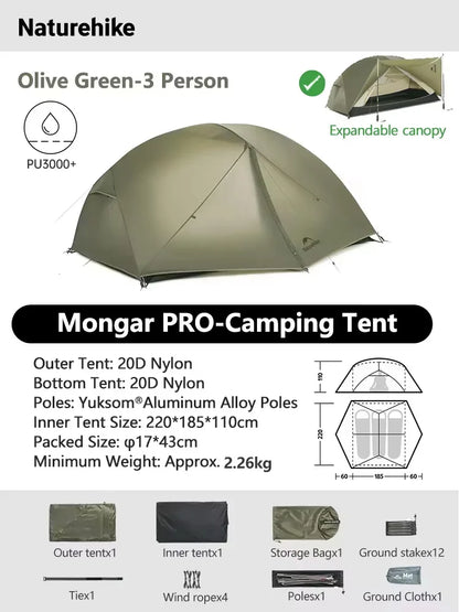 Naturehike Mongar 2 UL/PRO/Base Tent – Ultralight 2 Person Backpacking Tent - Bearkit
